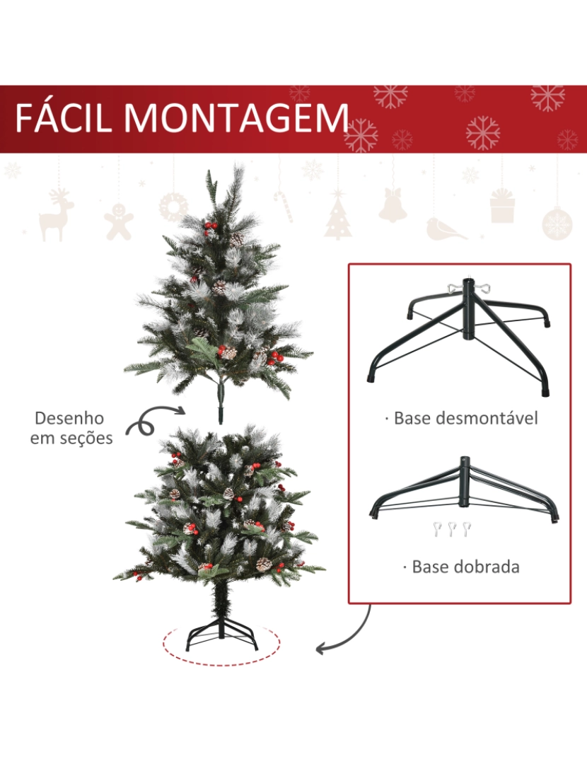 imagem de HOMCOM Árvore de Natal Artificial 150cm com 440 Ramas 39 Pinhas e 39 Frutinhas Folhas de PVC PE Base Dobrável e Suporte Metálico Decoração de Natal para Interiores Verde6