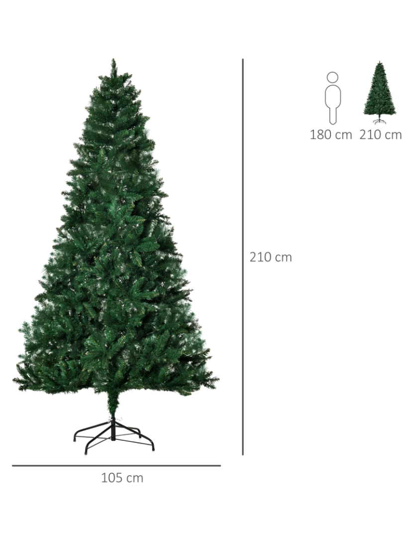 imagem de HOMCOM Árvore de Natal Artificial 210cm Ignífuga com 1064 Ramas com 2 Tipos de Pontas de PVC e Base de Aço Decoração de Natal para Interiores Verde3