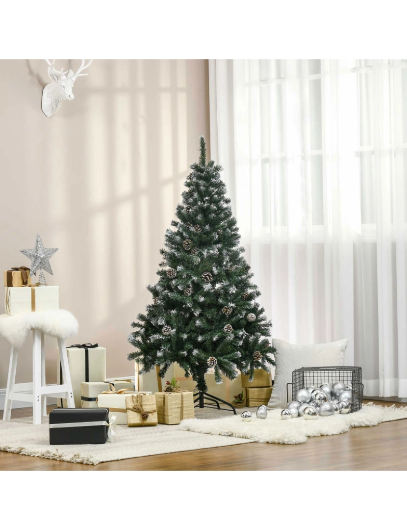 imagem de HOMCOM Árvore de Natal Artificial 150cm com 676 Ramas e 41 Pinhas Folhas de PVC com Efeito de Neve Base Dobrável e Suporte Metálico para Interiores Verde2