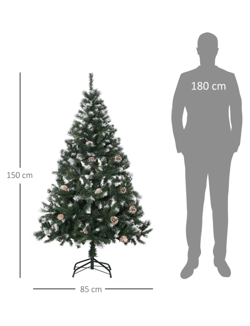 imagem de HOMCOM Árvore de Natal Artificial 150cm com 676 Ramas e 41 Pinhas Folhas de PVC com Efeito de Neve Base Dobrável e Suporte Metálico para Interiores Verde3