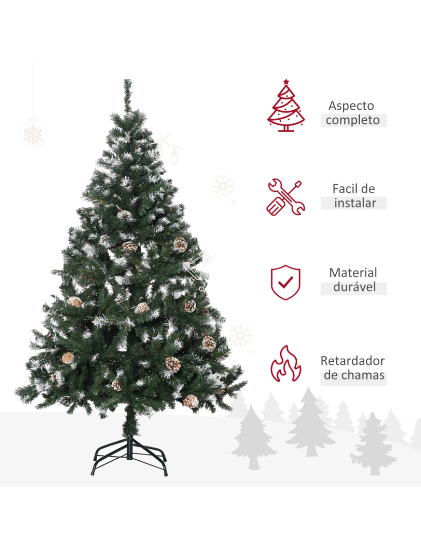 imagem de HOMCOM Árvore de Natal Artificial 150cm com 676 Ramas e 41 Pinhas Folhas de PVC com Efeito de Neve Base Dobrável e Suporte Metálico para Interiores Verde4