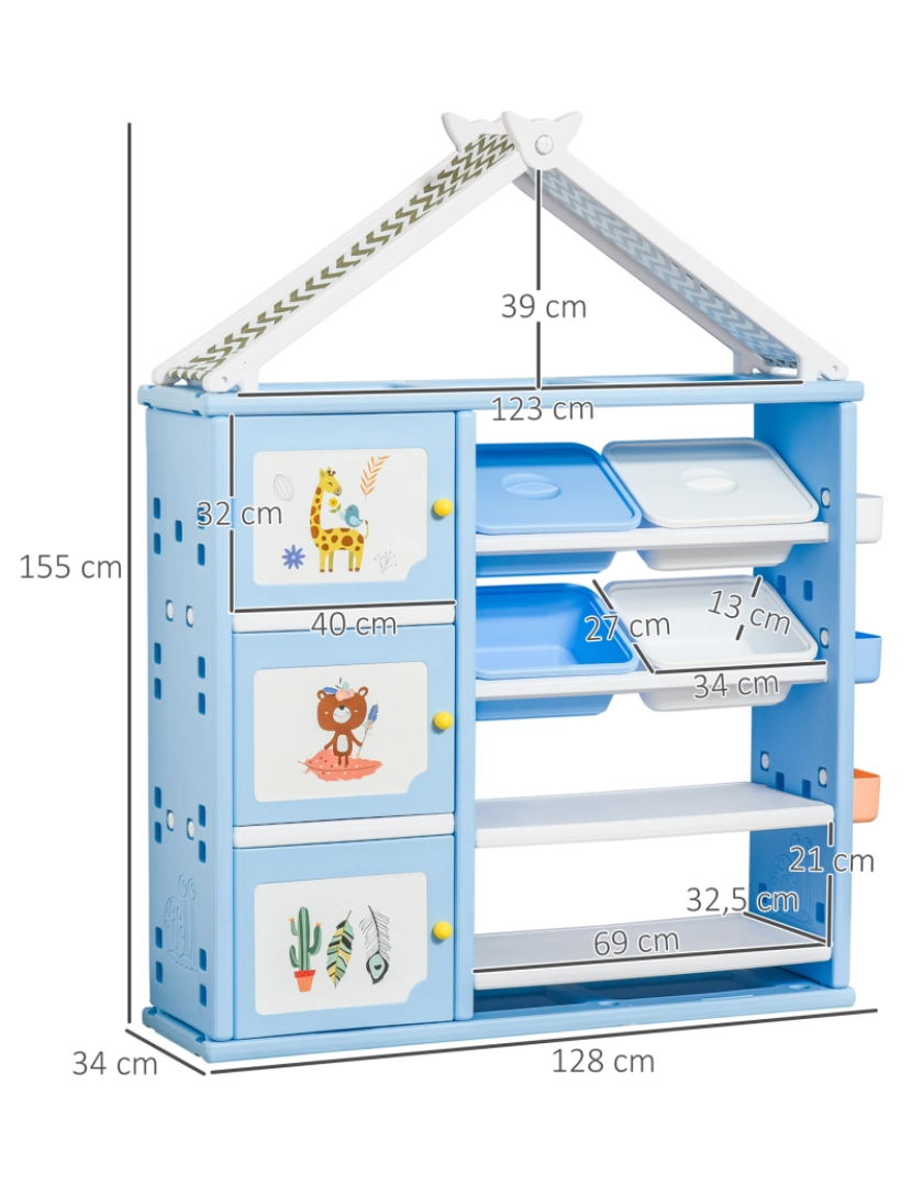imagem de HOMCOM Estante Infantil de Brinquedos com Armário Prateleiras 4 Caixas e 3 Cestas Organizadoras de Armazenamento para Habitação de Crianças Sala de Jogos 128x34x155cm Azul3