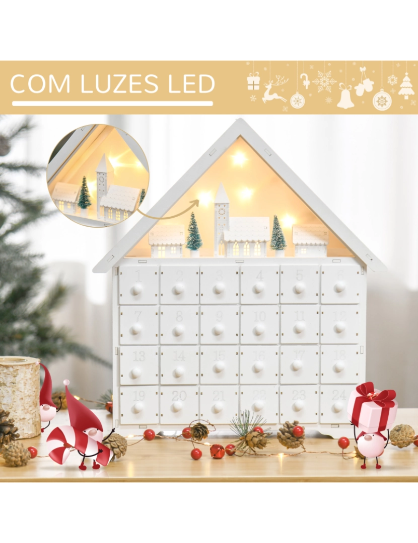 imagem grande de HOMCOM Calendário de Advento de Natal Madeira com 24 Gavetas e Luzes LED Decoração de Natal Modelo Casinha 39x9x42cm Branco4