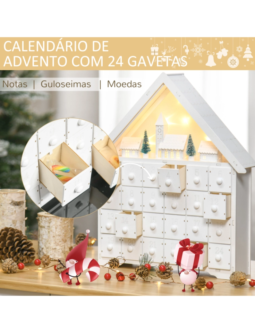 imagem de HOMCOM Calendário de Advento de Natal Madeira com 24 Gavetas e Luzes LED Decoração de Natal Modelo Casinha 39x9x42cm Branco5