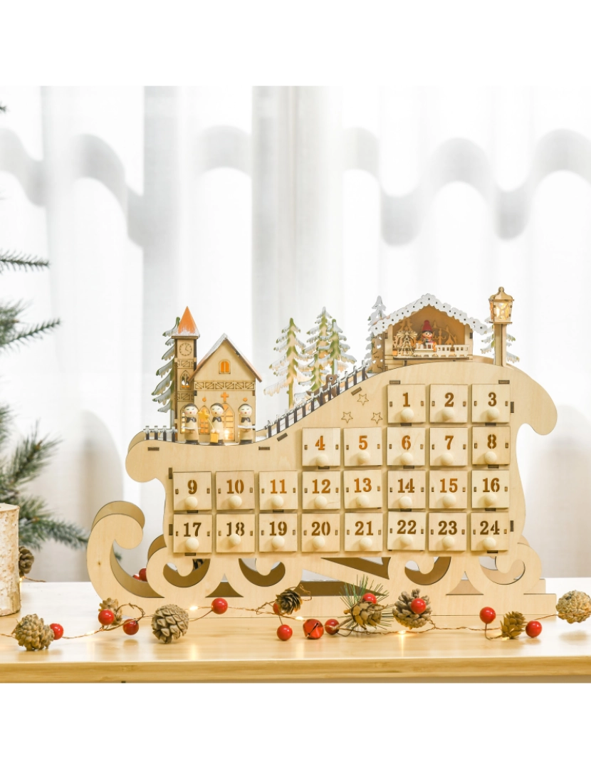 imagem de HOMCOM Calendário de Advento de Natal com Luzes LED e 24 Gavetas Decoração de Natal Modelo de Trenó 45x10x31cm Madeira Natural9