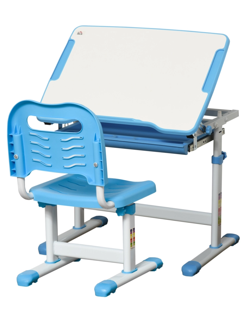 Homcom - HOMCOM Secretária Infantil 2 em 1 Conjunto de Secretária e Cadeira para Crianças acima de 6 Anos com Altura Ajustável Mesa com Ângulos Regulável e Bandeja Deslizante 66x47x77cm Azul