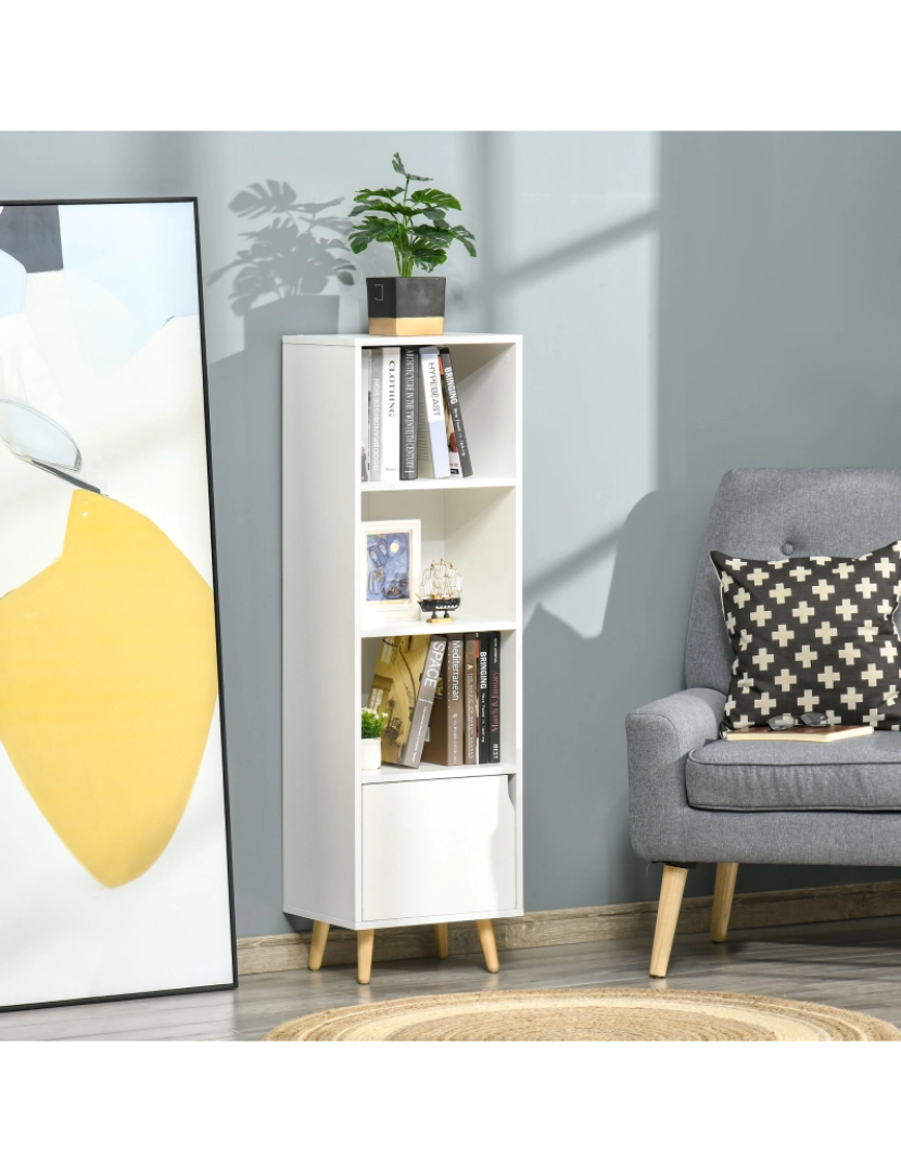 imagem de HOMCOM Estante com 3 Prateleiras Abertas e 1 Fechada com Porta Estante de Estilo Moderno para Armazenamento de Livros Brinquedos Plantas 40x30x129,5cm Branco2