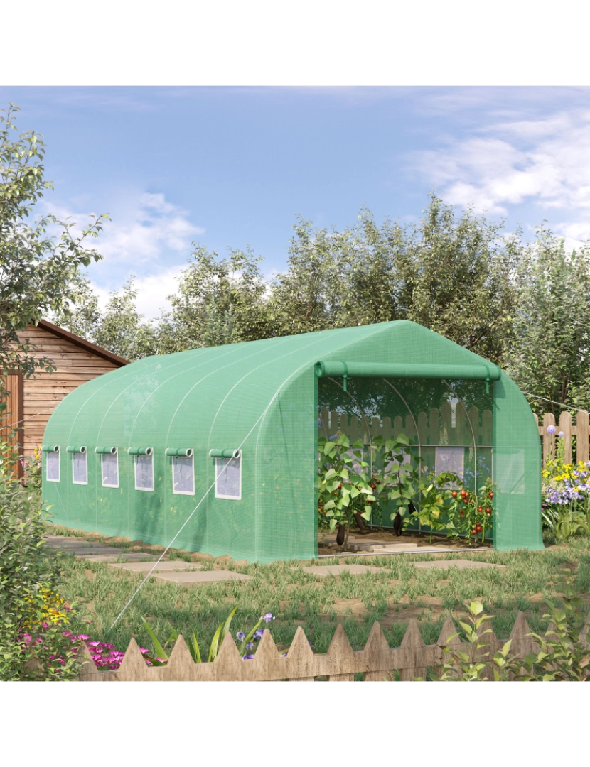 imagem de Outsunny Estufa Tipo Túnel 595x300x200cm Estufa de Jardim Grande com 12 Janelas e Porta Enrolável com Zíper para Cultivo de Plantas Verde2