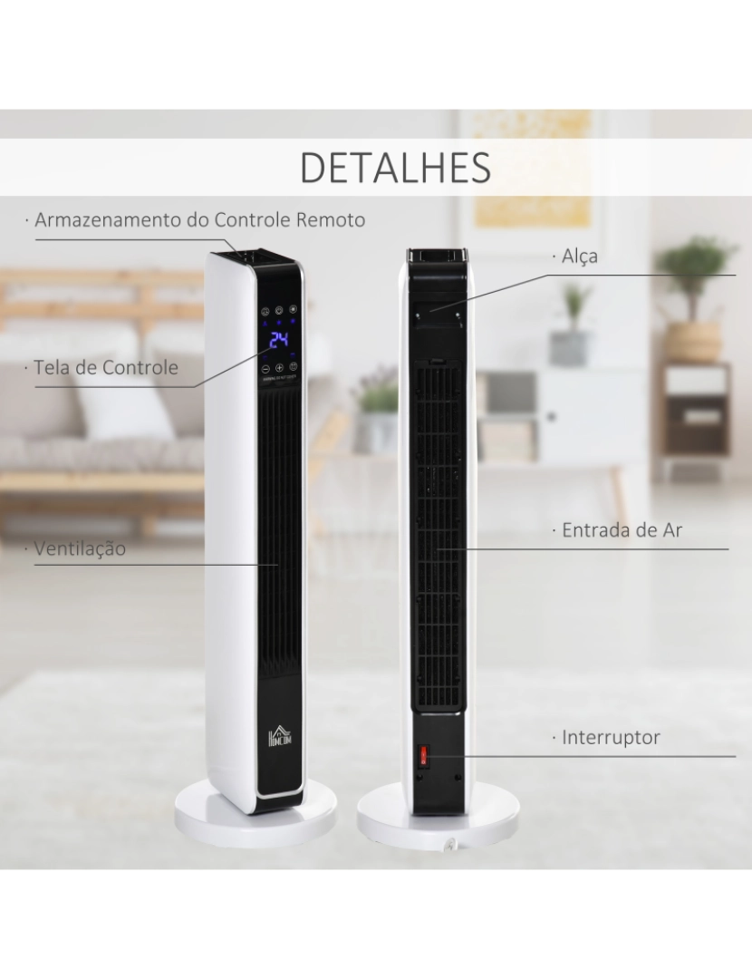 imagem de HOMCOM Aquecedor Cerâmico de Torre 1000/2000W com Controle Remoto Tela LED 3 Modos de Aquecimento Termostato Temporizador e Oscilação 65° para 25m² 21x21x73cm Branco7
