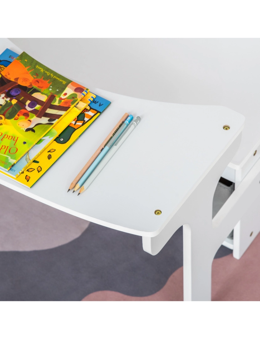 imagem de HOMCOM 2 EM 1 Banco de Madeira para Crianças 60x43x57cm Convertivel em Secretária Infantil 60x60x43cm com Assento 2 Cestos de TNT para Armazenamento Removíveis Branco10