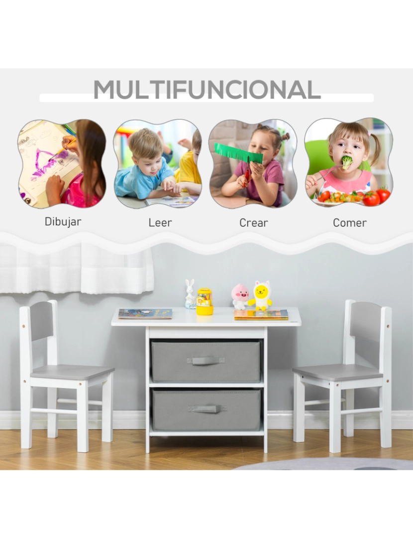 imagem de HOMCOM Conjunto de Mesa Infantil de Madeira com 2 Cadeiras 2 Gavetas de TNT de Armazenamento Mobiliário para Crianças Secretária 71x48x49cm Cadeiras 29x27x53cm Branco e Cinza5
