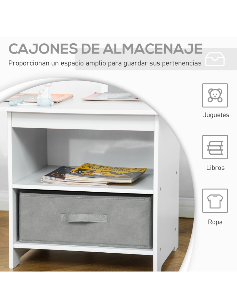 imagem de HOMCOM Conjunto de Mesa Infantil de Madeira com 2 Cadeiras 2 Gavetas de TNT de Armazenamento Mobiliário para Crianças Secretária 71x48x49cm Cadeiras 29x27x53cm Branco e Cinza7