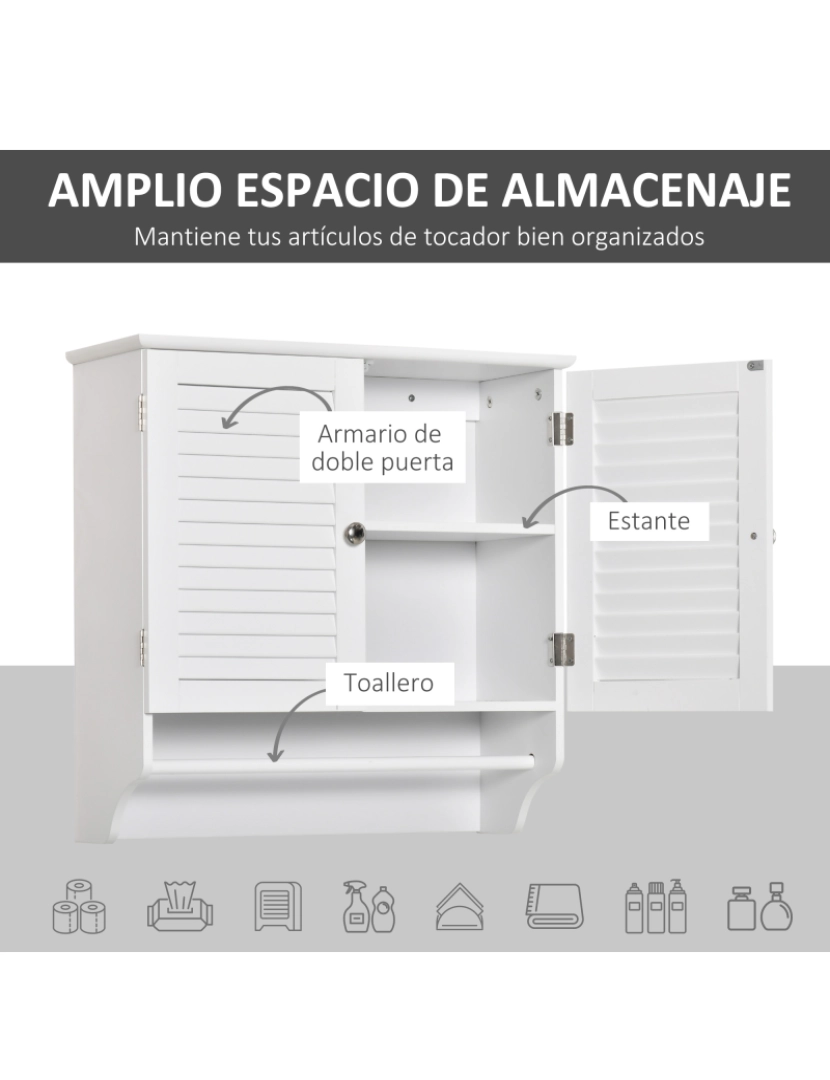 imagem de Kleanklin Armário Casa de Banho de Parede com 2 Portas de Persiana Prateleira Interior e Barra para Toalhas Móvel Auxiliar Suspenso Moderno Multiuso para Cozinha 60x23x60cm Branco4