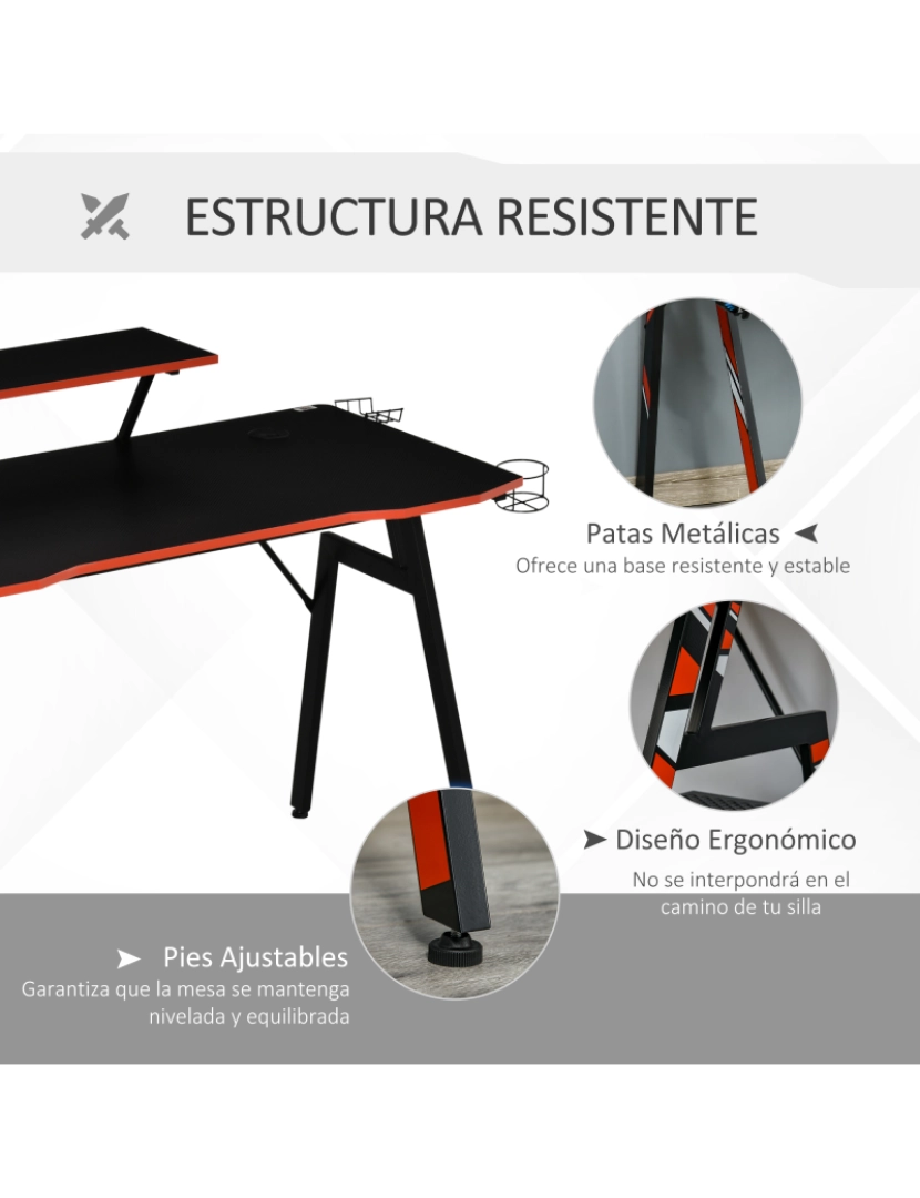 imagem de HOMCOM Mesa Gaming Ergonómica Secretária para Computador com Suporte para Monitor e Alto Falante Porta-Copos Gancho para Fones de Ouvido Fibra de Carbono 120x60x94,5 Preto5