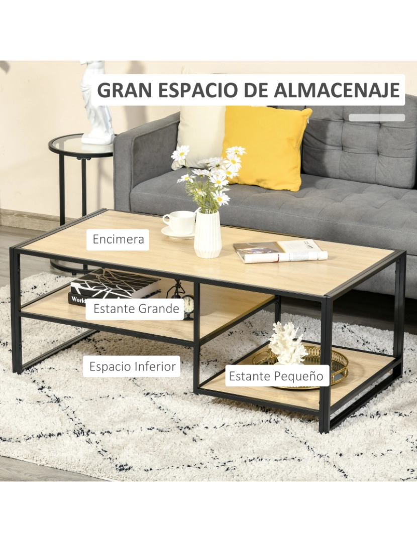 imagem de HOMCOM Mesa de Centro para Sala de Estar com 2 Prateleiras de Armazenamento Mesa Auxiliar com Estrutura de Aço para Dormitório Escritório 120x60x46cm Carvalho4