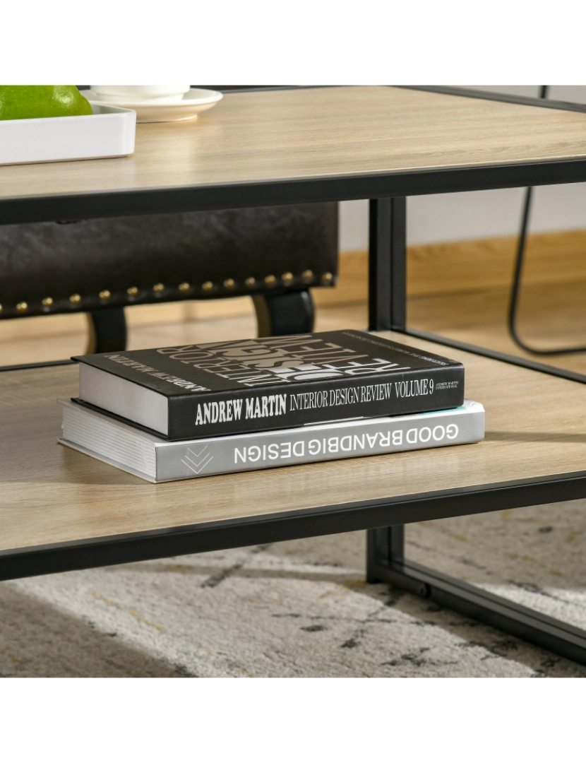 imagem de HOMCOM Mesa de Centro para Sala de Estar com 2 Prateleiras de Armazenamento Mesa Auxiliar com Estrutura de Aço para Dormitório Escritório 120x60x46cm Carvalho9