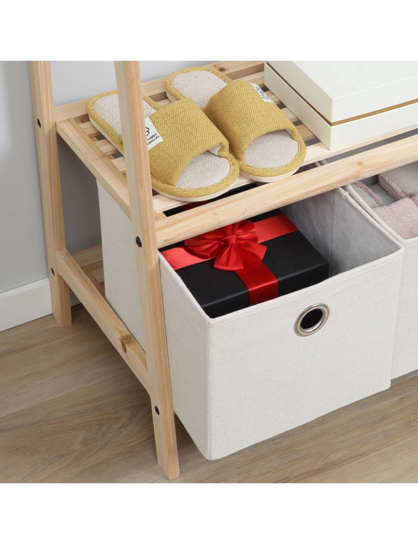imagem de HOMCOM Suporte para Cabides de Madeira 2 Prateleiras Cabide com 2 Gavetas de Tecido 4 Ganchos e Barra para Pendurar Roupa Bolsas para Entrada Sala de Estar 58x36x168cm Madeira9