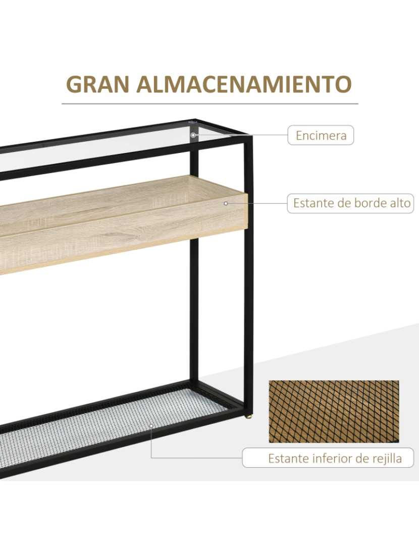 imagem de HOMCOM Mesa Consola 108x28x85cm Mesa de Entrada com Bancada de Vidro Temperado Prateleira e Grade Inferior Estrutura de Aço para Corredor Sala de Estar Preto4