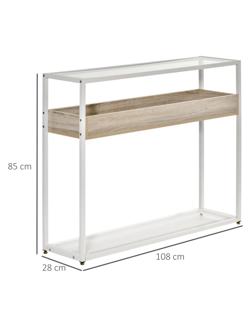 imagem de HOMCOM Mesa Consola 108x28x85cm Mesa de Entrada com Bancada de Vidro Temperado Prateleira e Grade Inferior Estrutura de Aço para Corredor Sala de Estar Branco3