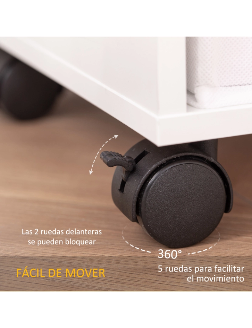 imagem de HOMCOM Móvel para Brinquedos com 5 Rodas Organizador de Brinquedos de Madeira com 3 Cubos de Armazenamento e 2 Gavetas de Tecido Removíveis Móvel Infantil 90x30x37,9cm Branco5