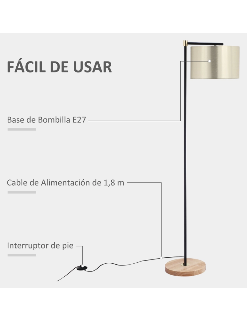 imagem de HOMCOM Candeeiro de Pé com Ecrã Suspenso de Tecido Suporte para Lâmpada E27 Máx 40W Base de Madeira e Interruptor de Pé para Sala de Estar Dormitório 48x32x152cm Dourado6