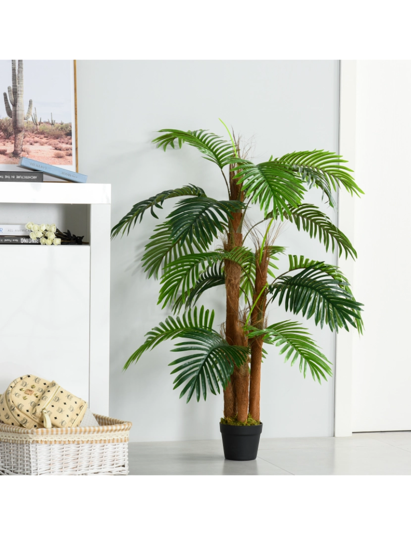 imagem de Outsunny Palmeira Artificial Planta Sintética de 120cm com Vaso 19 Folhas Realistas e 3 Troncos Decoração para Casa Escritório Exterior Verde2