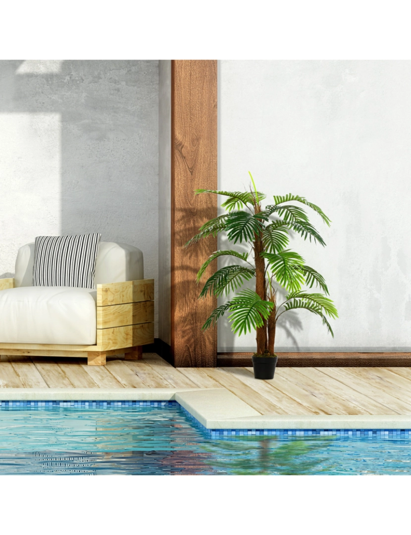 imagem de Outsunny Palmeira Artificial Planta Sintética de 120cm com Vaso 19 Folhas Realistas e 3 Troncos Decoração para Casa Escritório Exterior Verde4