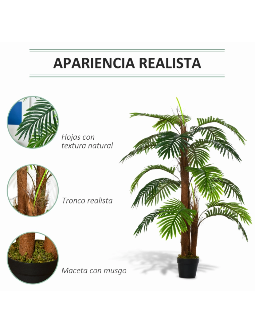 imagem de Outsunny Palmeira Artificial Planta Sintética de 120cm com Vaso 19 Folhas Realistas e 3 Troncos Decoração para Casa Escritório Exterior Verde5