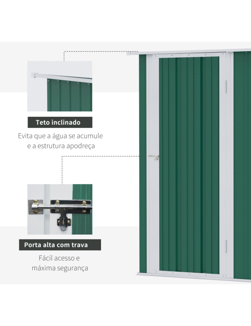 imagem de Outsunny Abrigo de Jardim 142x84x189cm Abrigo de Jardim de Aço Galvanizado com Porta Fechadura e Orifícios de Drenagem para Armazenamento de Ferramentas Verde5