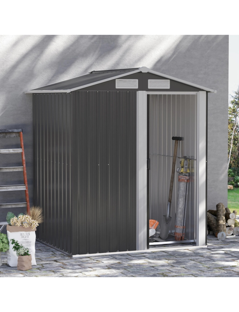 imagem de Outsunny Abrigo de Jardim de 2m² 152x132x188cm Abrigo de Exterior de Aço Galvanizado com Porta Corredeira e Ventilações para Armazenamento de Ferramentas Cinza2