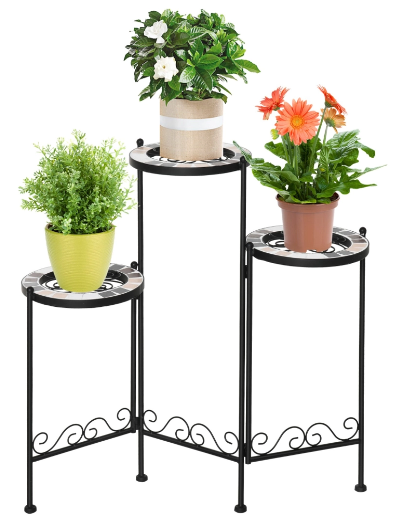 imagem de Outsunny Suporte de Metal para Plantas Dobrável Suporte para Flores com 3 Prateleiras com Bordas de Azulejo para Decoração de Interiores e Exteriores 60x22x65cm Preto9