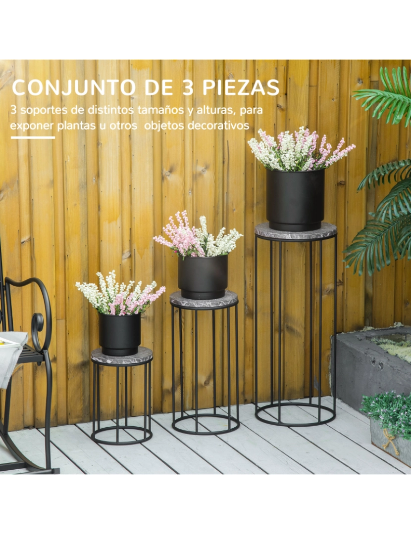 imagem de Outsunny Suporte para Vasos de Metal 3 Peças Empilháveis Suporte para Plantas com Bancada de Efeito Mármore Decoração para Interiores e Exteriores Ø30,5x70,5cm Cinza e Preto4