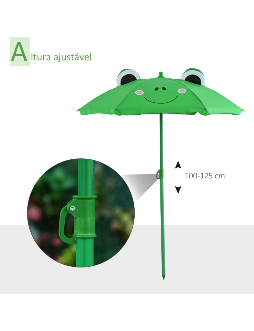 imagem de Outsunny Conjunto de Mesa e Cadeira de Jardim Conjunto de Picnic Dobrável para Crianças Conjunto de Mesa com Chapéu de Sol com Altura Ajustável 100-125cm Desenho de Sapo Verde6