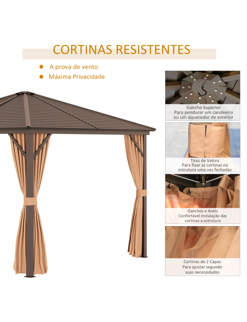 imagem de Outsunny Pérgola de Jardim 3x3 com 4 Cortinas Laterais 4 Telas Mosquiteiras e Gancho para Candeeiro Pérgola de Alumínio para Exterior Pátio Festas Marrom4