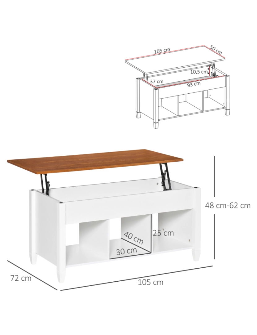 imagem de HOMCOM Mesa de Centro com Bancada Elevável Mesa de Centro com 3 Compartimentos Abertos Mesa Retangular Moderna para Sala de Estar 105x50x48cm Branco e Marrom3