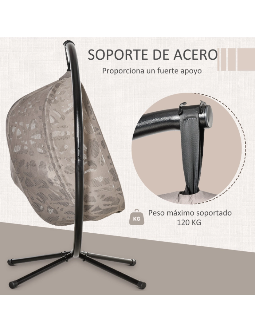 imagem de Outsunny Poltrona Suspensa com Suporte de Aço Poltrona Suspensa com Cesto Dobrável e Almofadas para Interior e Exterior 126x96x172cm Cor Areia7