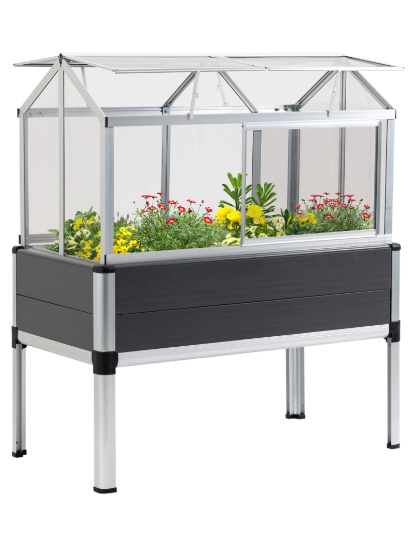 Outsunny - Outsunny Horta Elevada 113,5x61x128,5cm Estufa com Cobertura de Policarbonato com Teto Retrátil e Laterais Deslizantes Estrutura de Alumínio e PVC para Plantas Flores Cinza