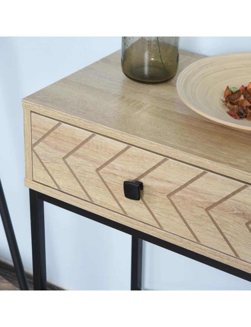 imagem de HOMCOM Mesa Consola 90x35x76cm Mesa de Entrada com 2 Gavetas de Armazenamento Decorativos e Estrutura de Metal para Entrada Corredor Sala de Estar Natural8