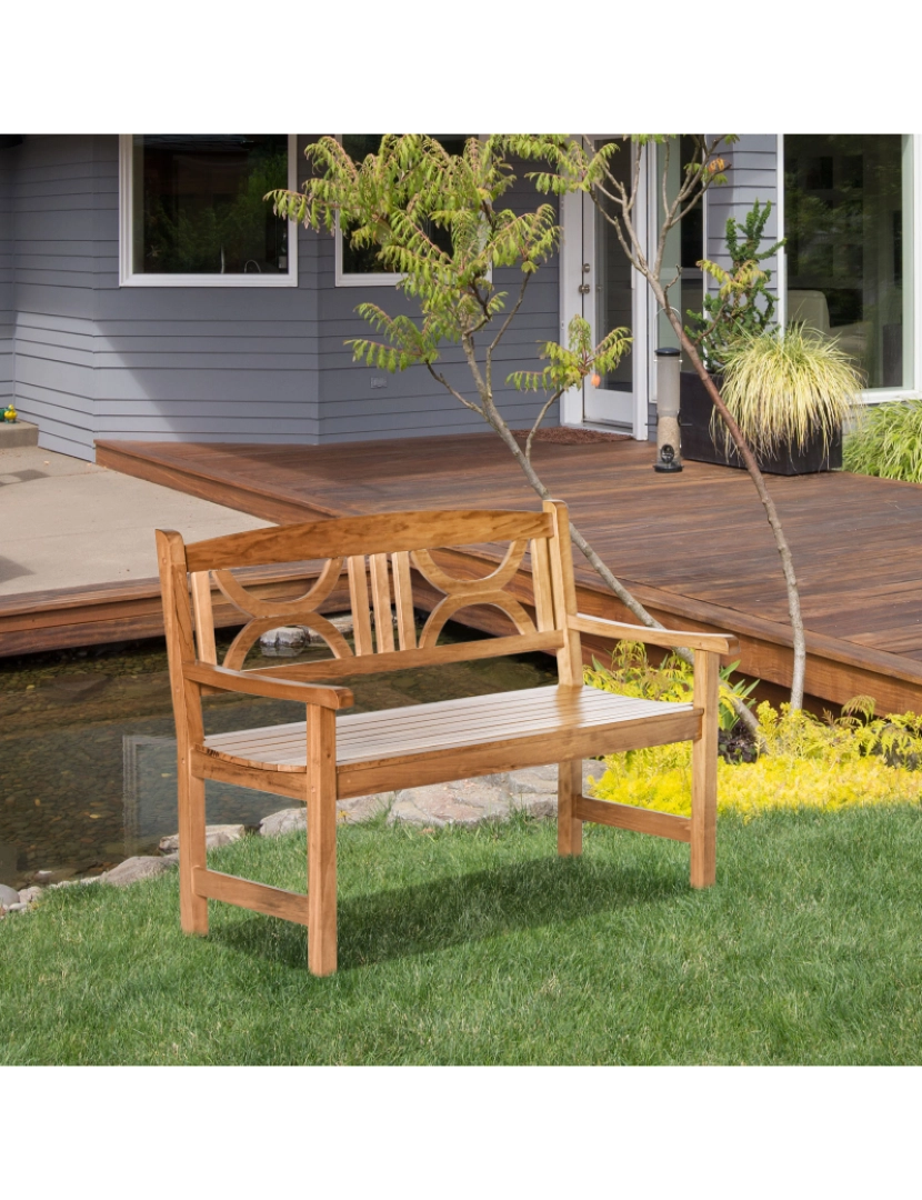imagem de Outsunny Banco de Madeira Exterior de 2 Lugares 123x61x89,5cm Banco de Jardim com Encosto Decorativo e Apoio para os Braços para Terraço Varanda Pátio Carga 250kg Natural2