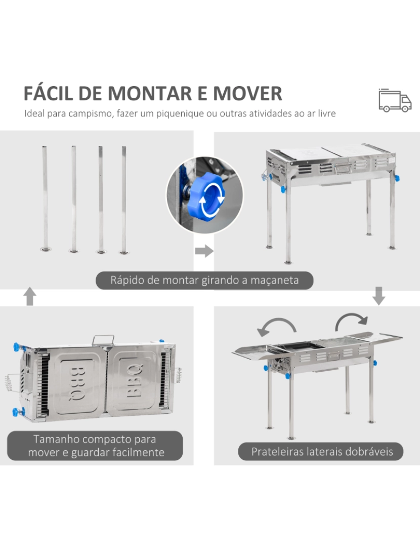 imagem de Outsunny Barbecue a Carvão de Aço Inoxidável Portátil com Altura Ajustável 2 Prateleiras e Grelhas ao Ar Livre para Acampamento Piquenique 120x31x60-70cm Prata4