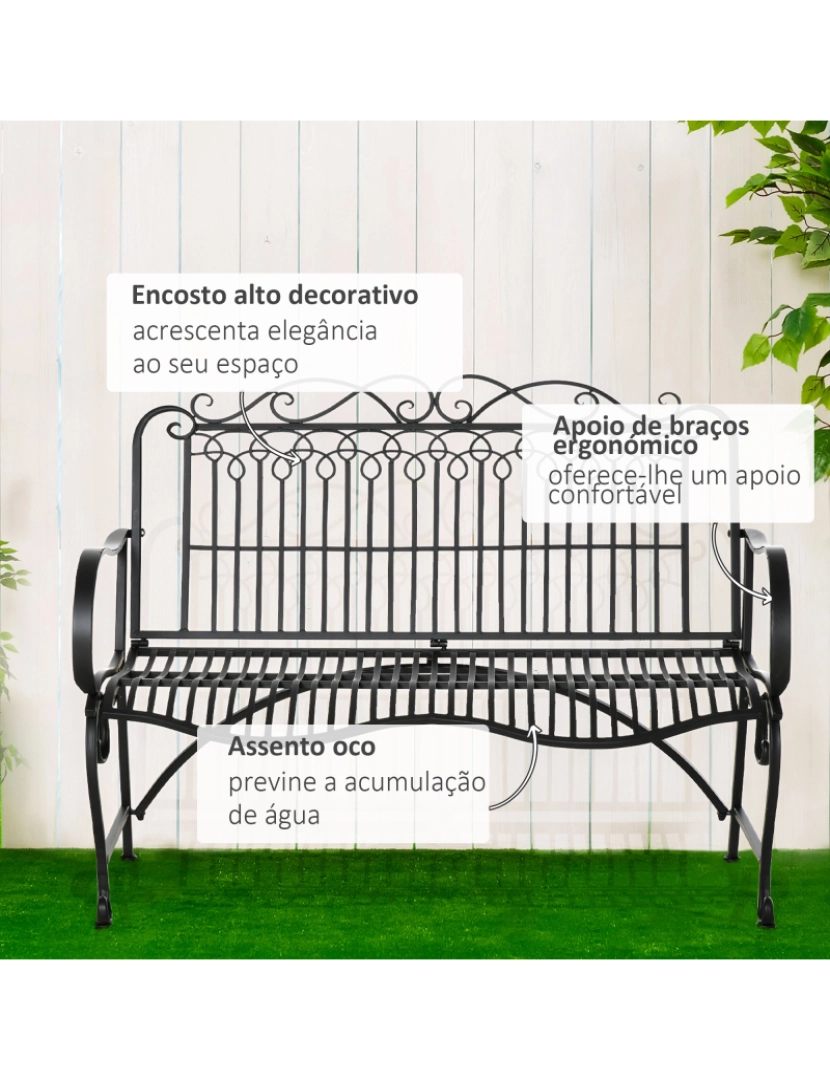 imagem de Outsunny Banco de Jardim de 2 Lugares 110x60x97cm Banco de Exterior de Metal com Encosto Decorativo e Apoio para os Braços para Terraço Balção 200kg Preto4