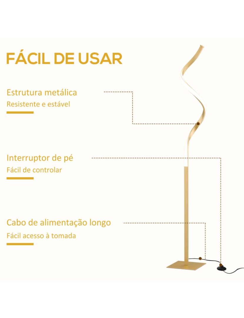 imagem de HOMCOM Candeeiro de Pé de Metal Candeeiro de Pé Moderno com Luzes LED Máx. 10W IP20 Interruptor de Pé para Sala de Estar Dormitório Escritório 20,5x20,5x147cm Dourado7
