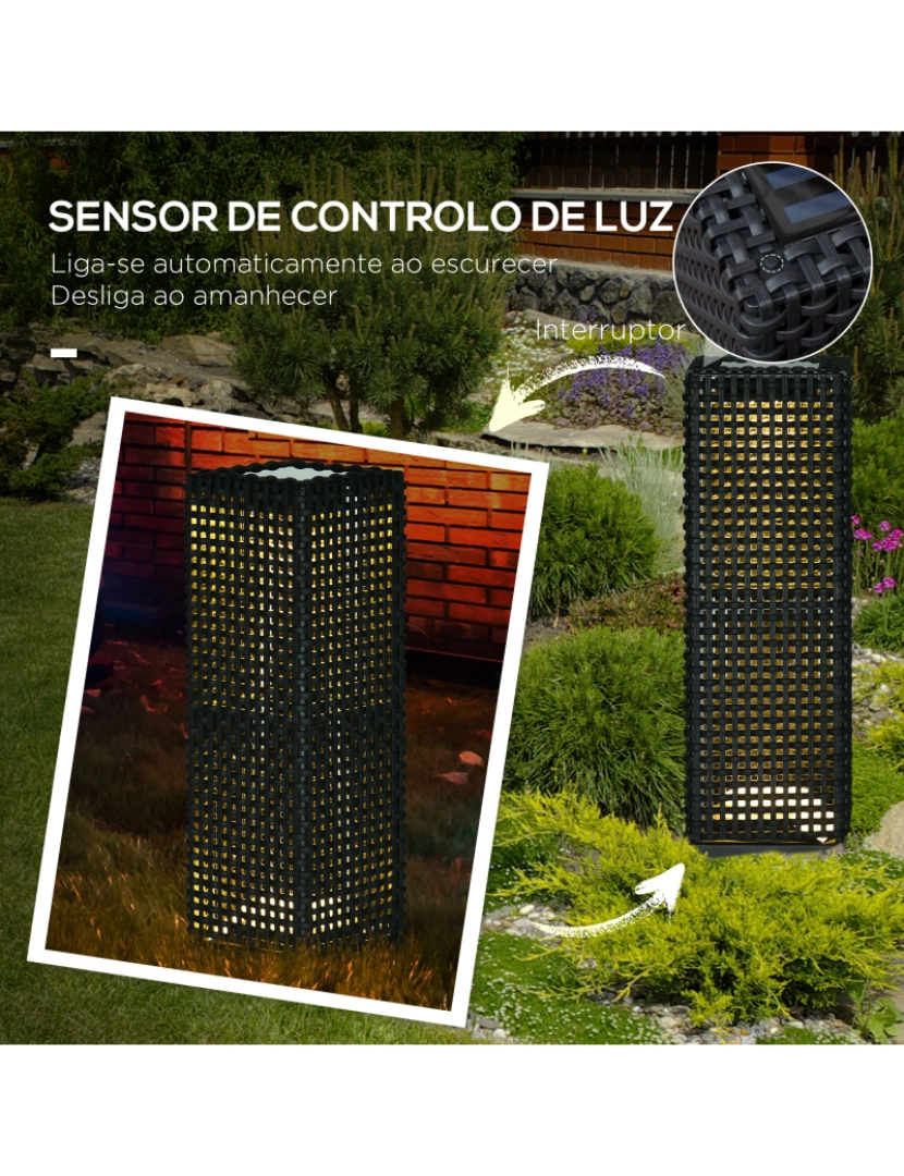 imagem de Outsunny Candeeiro de Jardim Candeeiro Solar de Exterior com Luzes LED Controlo Automático para Varanda Pátio 15,5x15,5x47cm Preto6