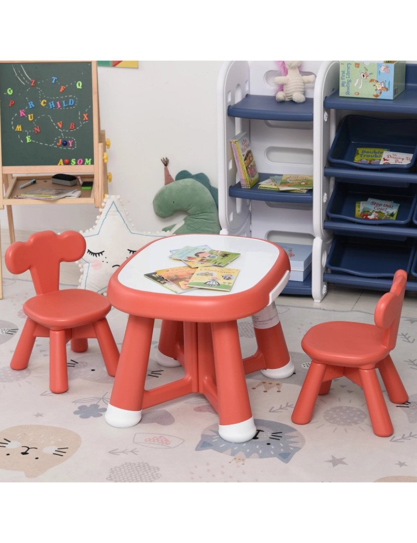 imagem de HOMCOM Conjunto de Mesa Infantil e 2 Cadeiras Mesa com Quadro Branco Multifuncional para Crianças acima de 12 Meses 64,4x52x45,6 cm Vermelho Coral2