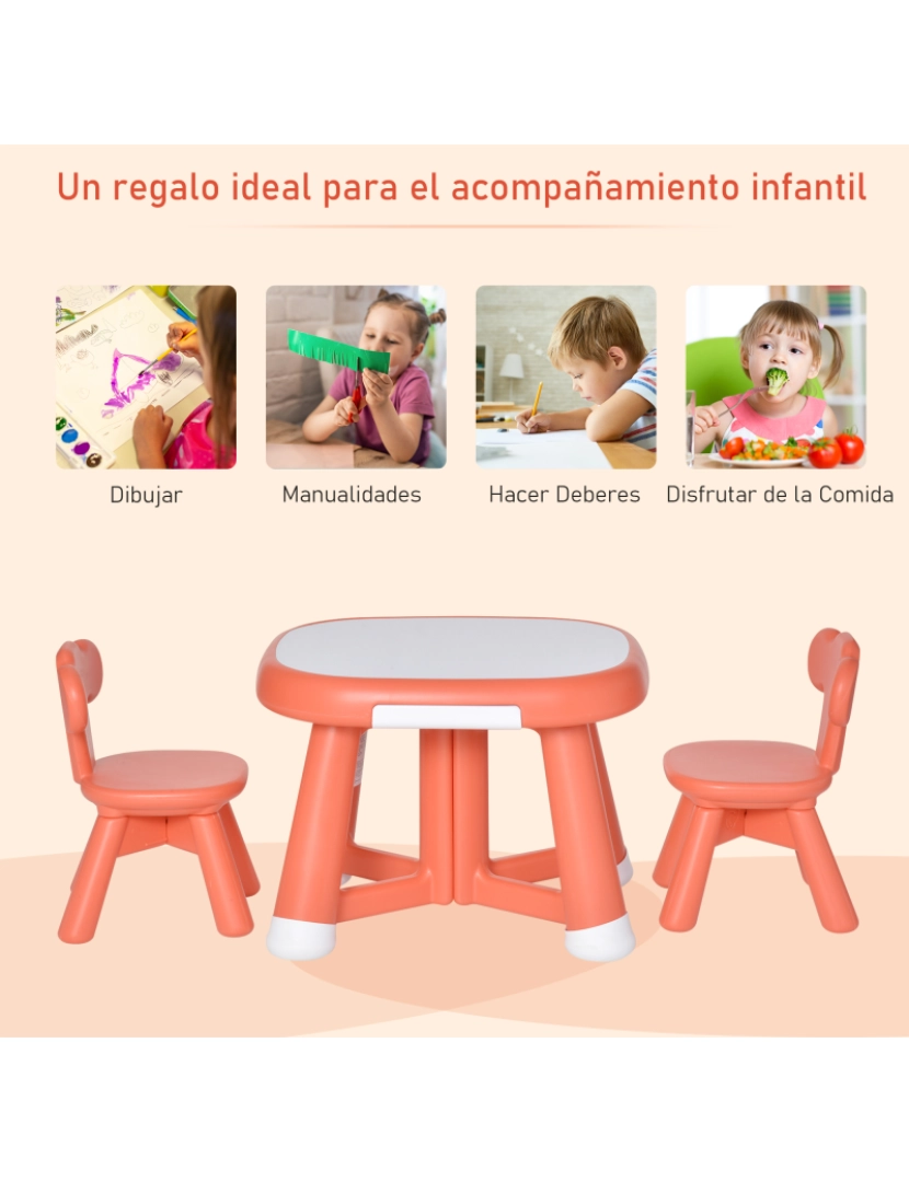 imagem de HOMCOM Conjunto de Mesa Infantil e 2 Cadeiras Mesa com Quadro Branco Multifuncional para Crianças acima de 12 Meses 64,4x52x45,6 cm Vermelho Coral4