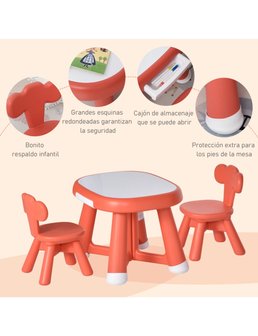 imagem de HOMCOM Conjunto de Mesa Infantil e 2 Cadeiras Mesa com Quadro Branco Multifuncional para Crianças acima de 12 Meses 64,4x52x45,6 cm Vermelho Coral5