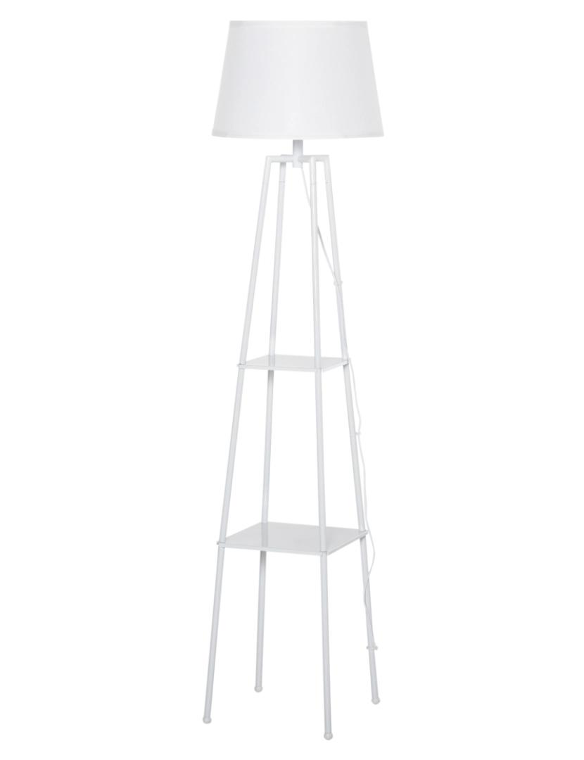 imagem grande de HOMCOM Lâmpada de pé Tripé de metal Soquete E27 de Máximo 40W com tela de linho e prateleira de 2 níveis 35,5x35,5x158 cm Branco1