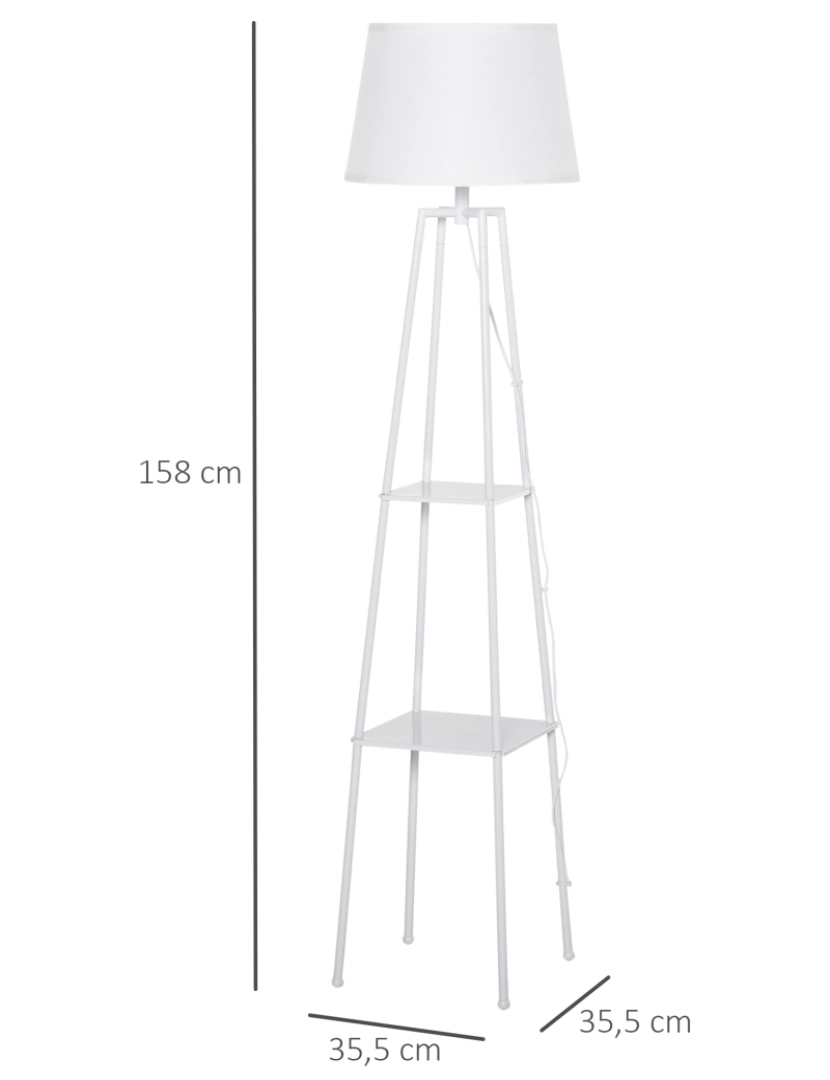 imagem de HOMCOM Lâmpada de pé Tripé de metal Soquete E27 de Máximo 40W com tela de linho e prateleira de 2 níveis 35,5x35,5x158 cm Branco3