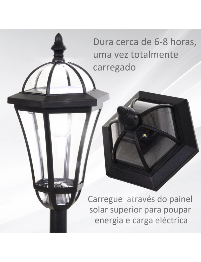 imagem de Outsunny Conjunto de Candeeiros Solares de Jardim com Luzes LED Branca 3500K Impermeável IP44 Sensor de Noite 2 Candeeiros de Exterior para Terraço Pátio 18,5x18,5x129cm Preto5