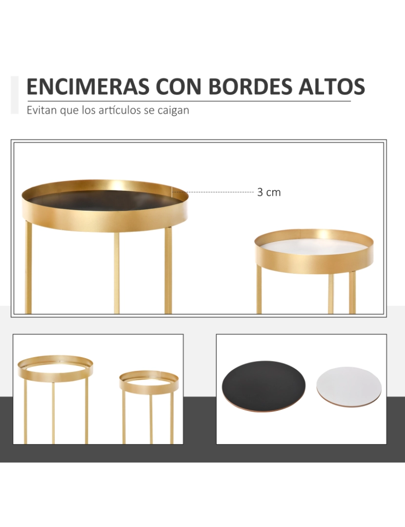imagem de HOMCOM Conjunto de 2 mesas de centro modernas empilháveis Estrutura metálica dourada Ø39x63 cm e Ø30.8x56 cm Parte superior preta e branca5